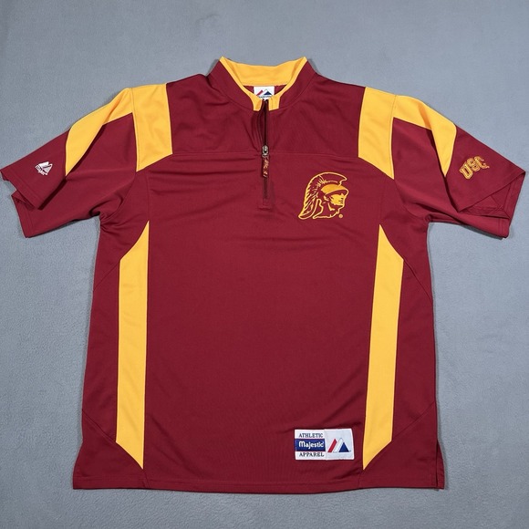 Vintage USC Trojans Team Issued Warm Up Shirt Mens XL Red 1/4‎ Zip Majestic - Picture 1 of 8